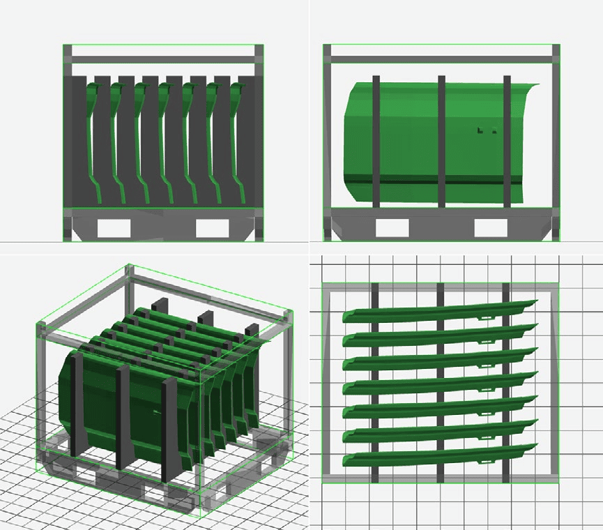 A returnable container holding parts across multiple layers with intermediate layers between them