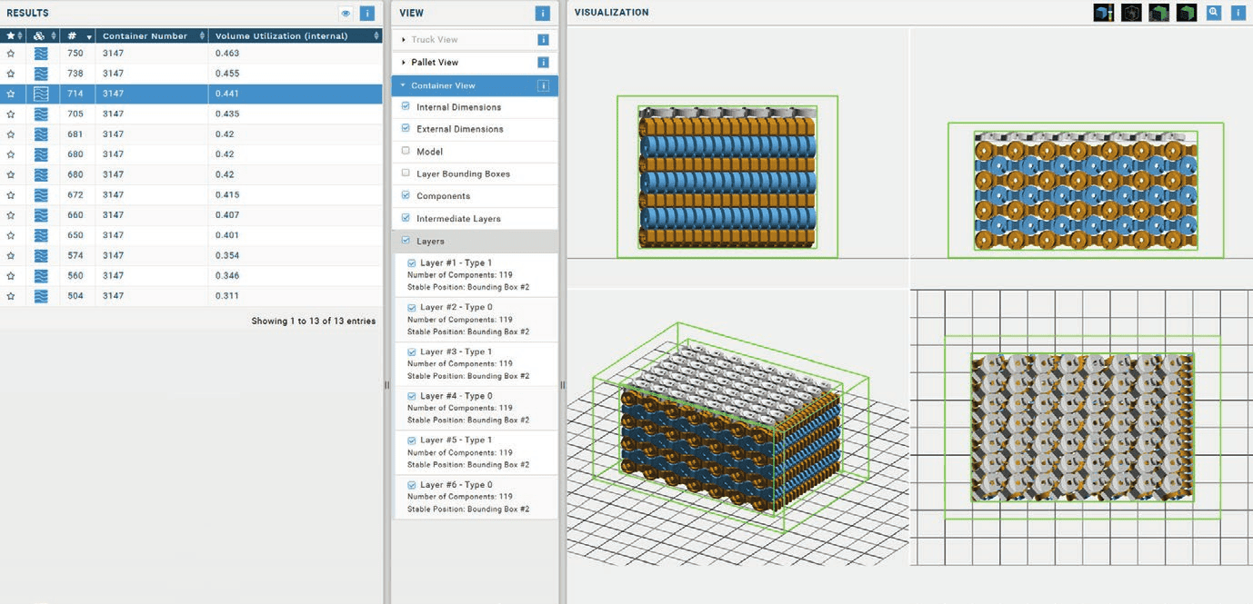 The redesigned PackAssistant results page listing thirteen packing options with volume utilisation for each
